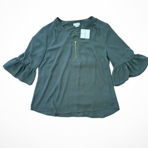 LIZ CLAIBORNE Bell Sleeve Blouse Balsam Green Ruffled Gold Zipper Womens Large